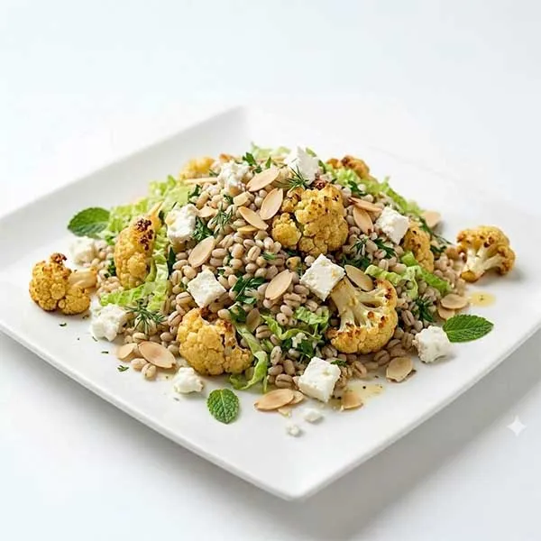 Roasted Cauliflower and Barley Salad with Roasted Almonds & Feta